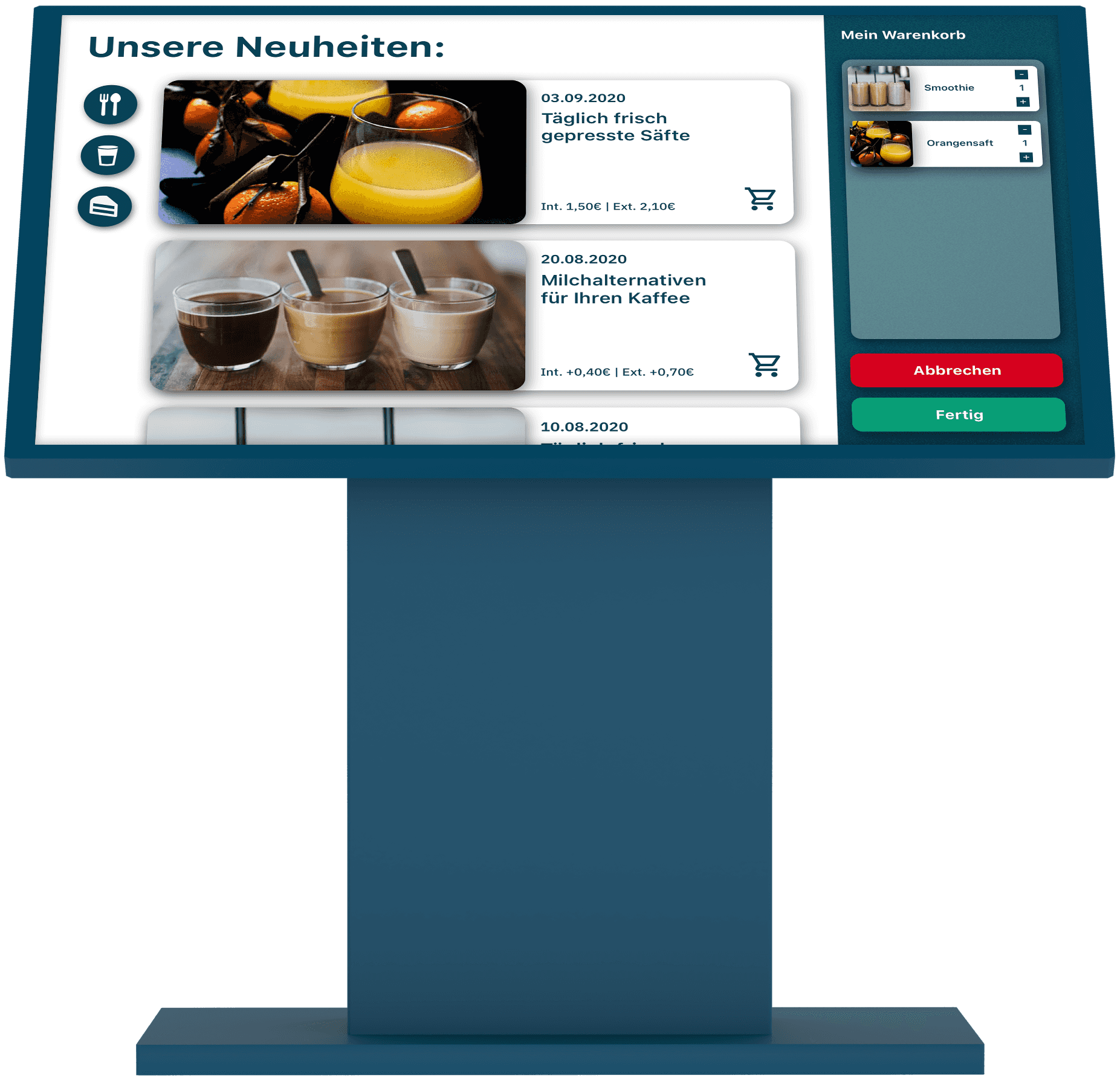 LED Stele, a large screen with view of the news as well as the user's shopping basket