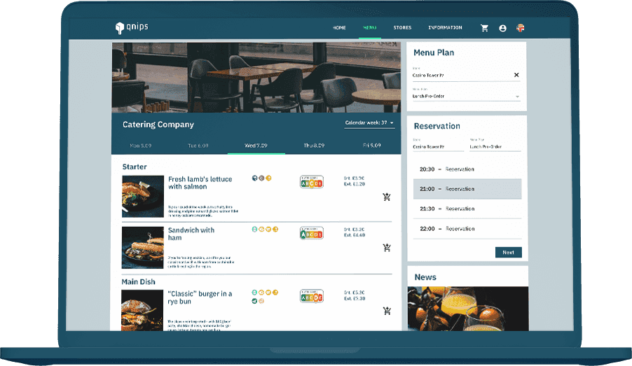 Laptop, menu view divided into a daily, dish, allergen icons, nutriscore and price overview, as well as a reservation list and a drop-down menu of the different menus