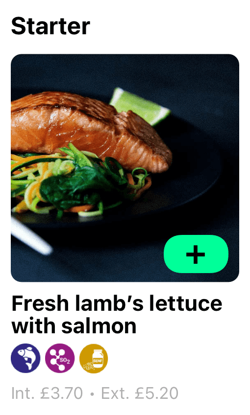 Vertical View of the dish "Fresh lamb's lettuce with salmon", the price as well as the allergen icons